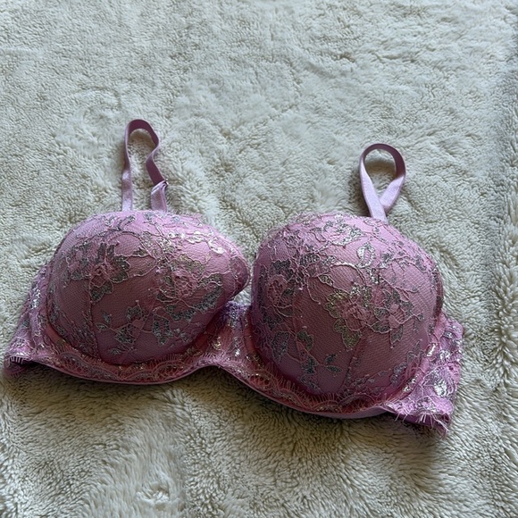 Victoria’s Secret Dream Angels Pink Lace Lined Demi Bra Silver Floral 34D - Picture 3 of 7